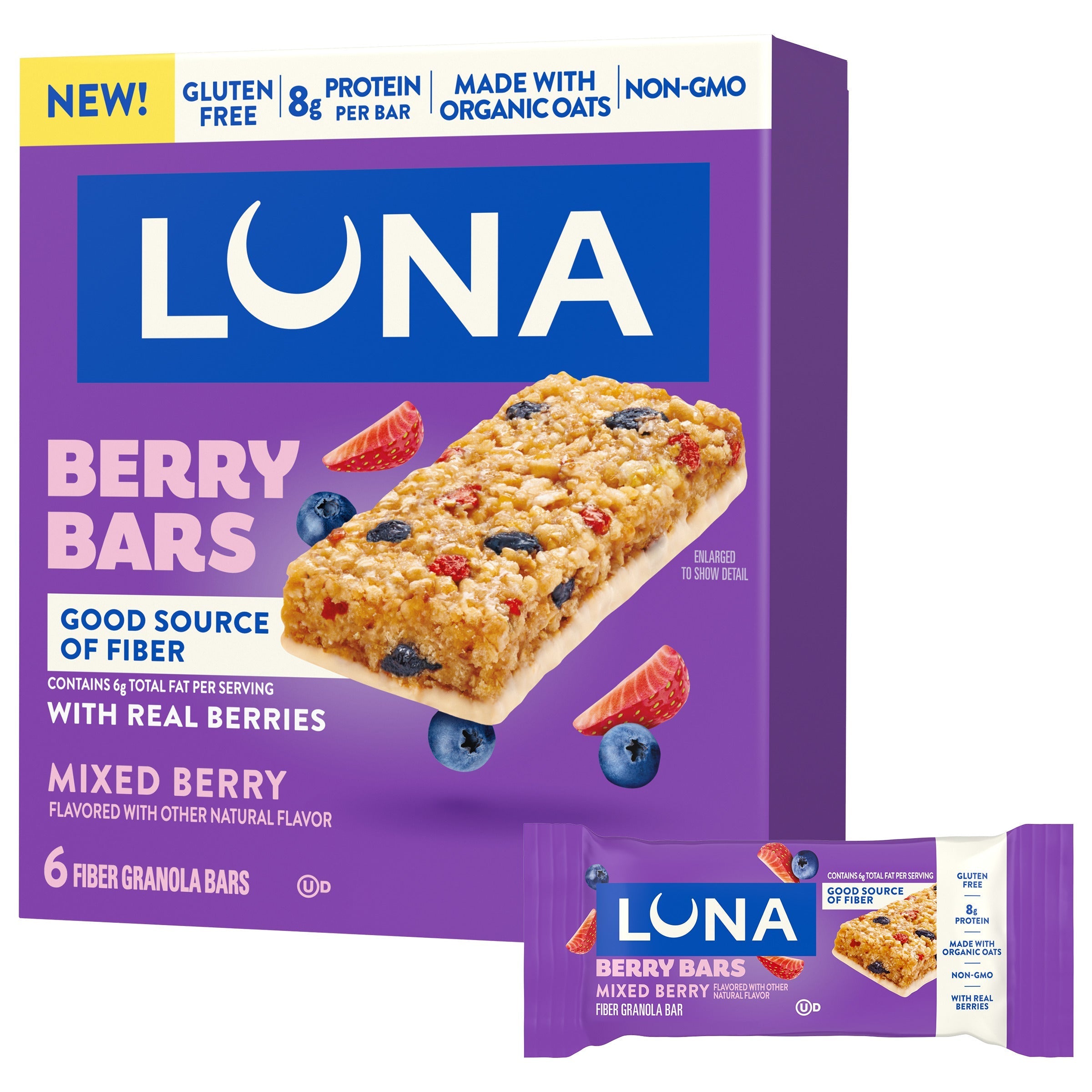 Berry Bars Mixed Berry Flavor Gluten Free Snack Bars, Non-GMO Protein Bars W5