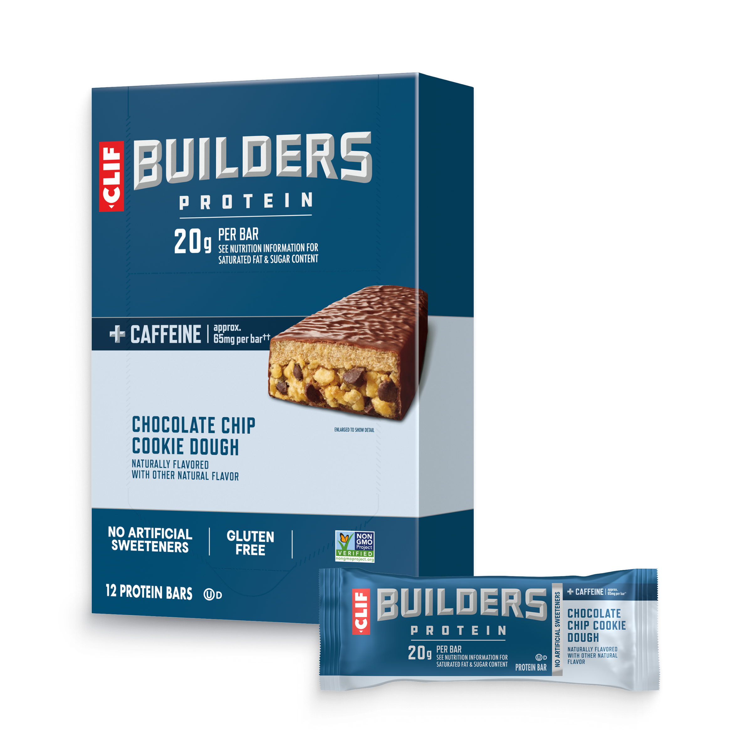 CLIF + Caffeine Chocolate Chip Cookie Dough Flavor Plant Based Protein Bars D1